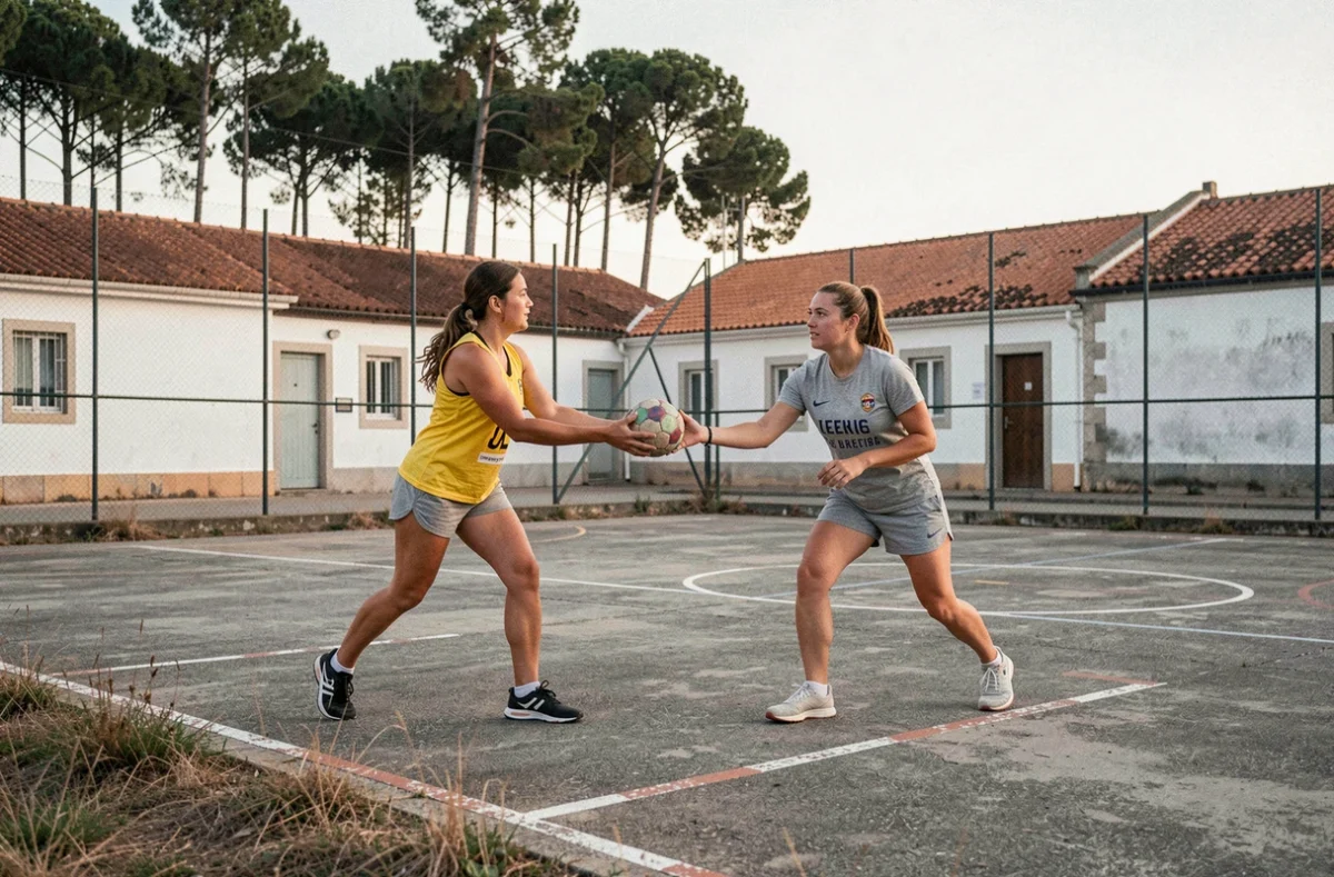 Deux joueuses de handball s'entraînant en plein air sur un terrain communautaire au Portugal