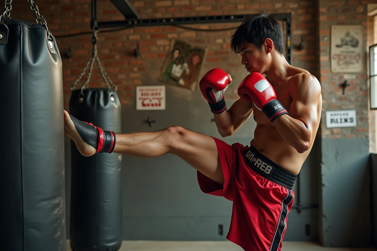 Boxeur thaï s'entraînant au sac de frappe dans une salle de sport urbaine française
