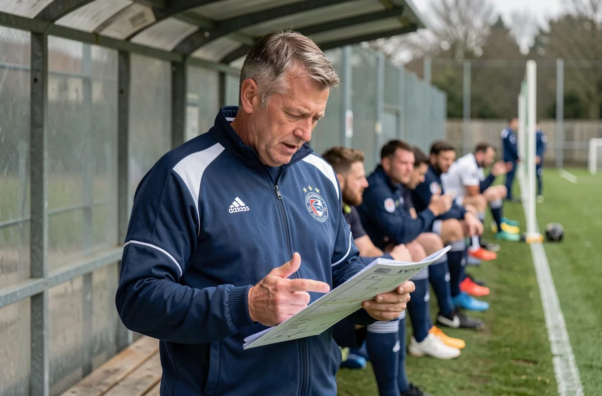 Entraîneur de club de football amateur en Nouvelle-Aquitaine analysant sa feuille tactique en bord de terrain r1