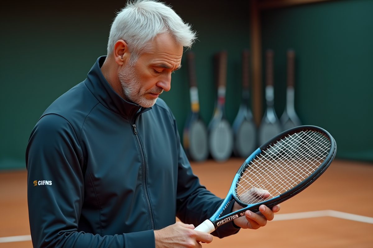 Entraineur de tennis homme examine numéro de raquette