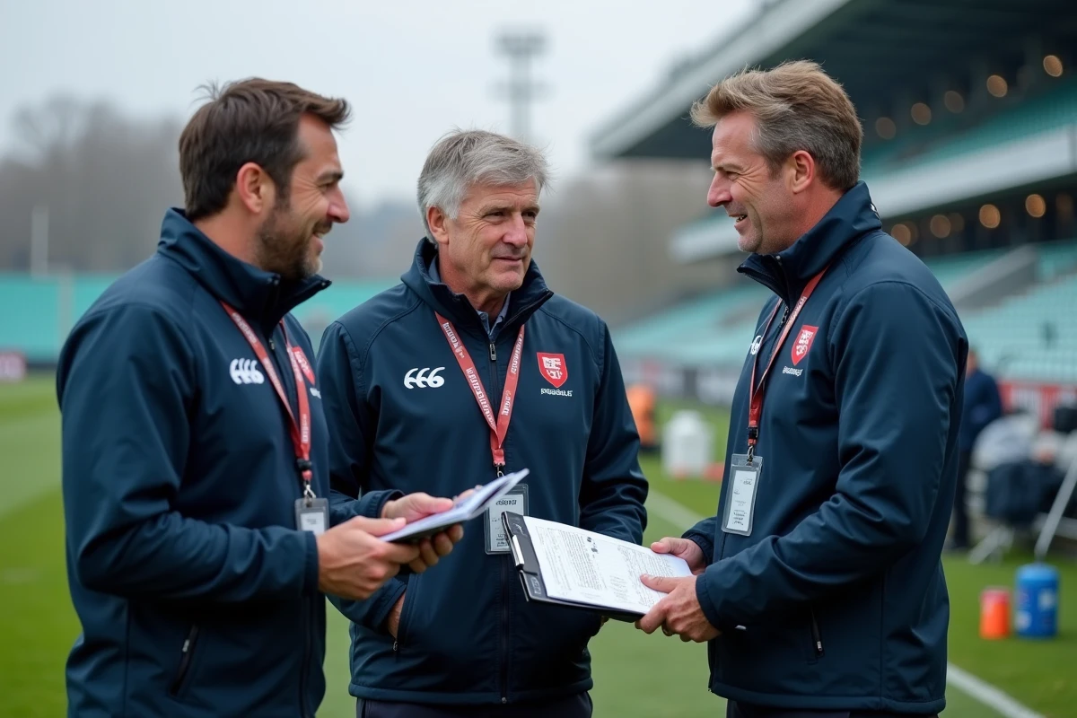 Entraîneurs de rugby Fédérale 2 Poule 4 discutant d'une stratégie tactique en bord de touche lors d'un match