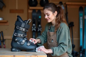Femme entretenant ses chaussures de ski en les nettoyant soigneusement dans une salle de rangement de matériel de ski