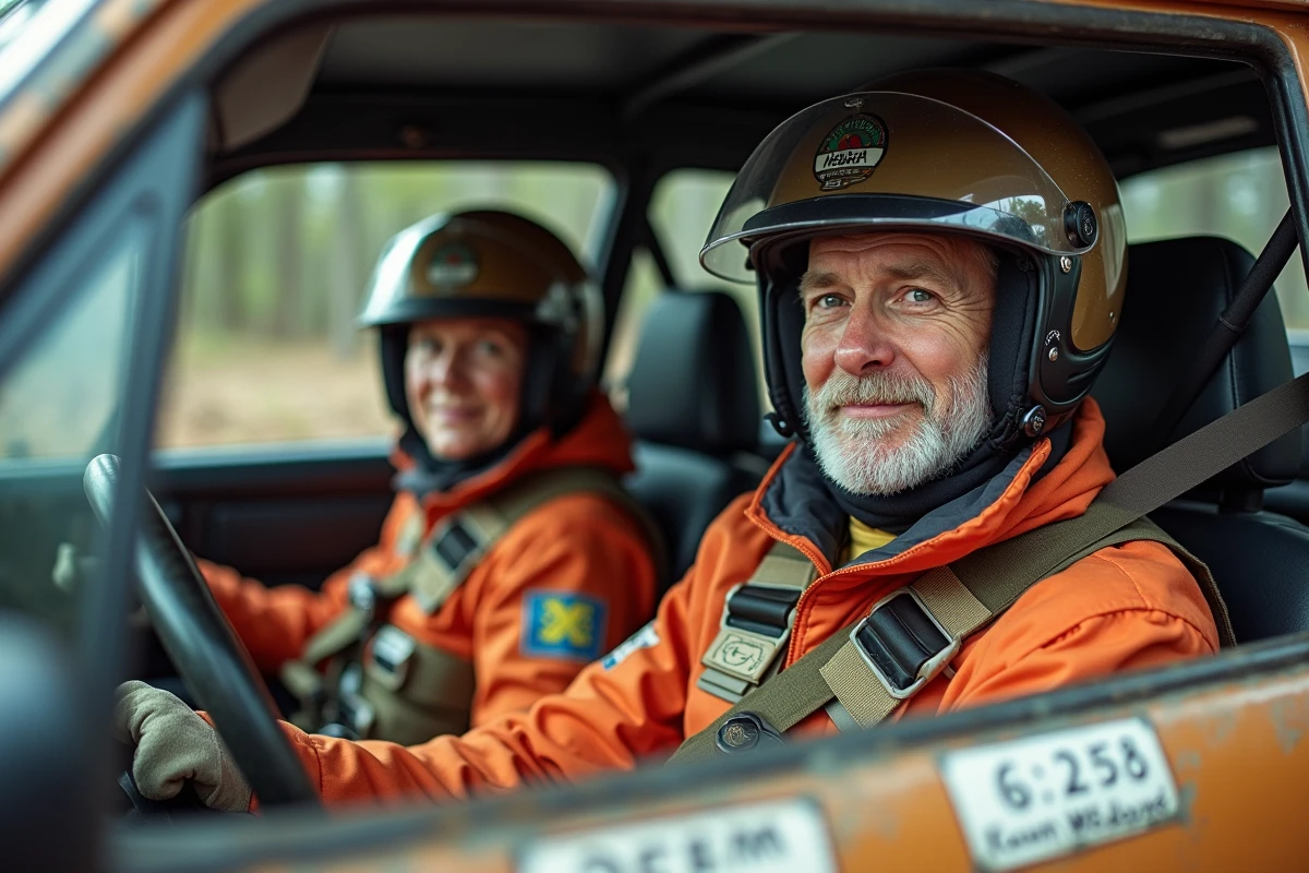 Équipage de rallye VHC en tenue d'époque dans l'habitacle d'une voiture de rallye historique restaurée