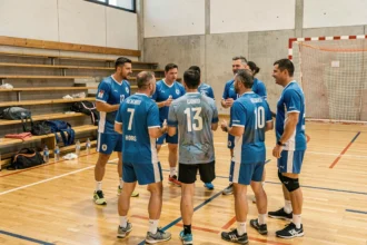 Équipe amateur de handball en cercle pendant un temps mort dans un gymnase portugais
