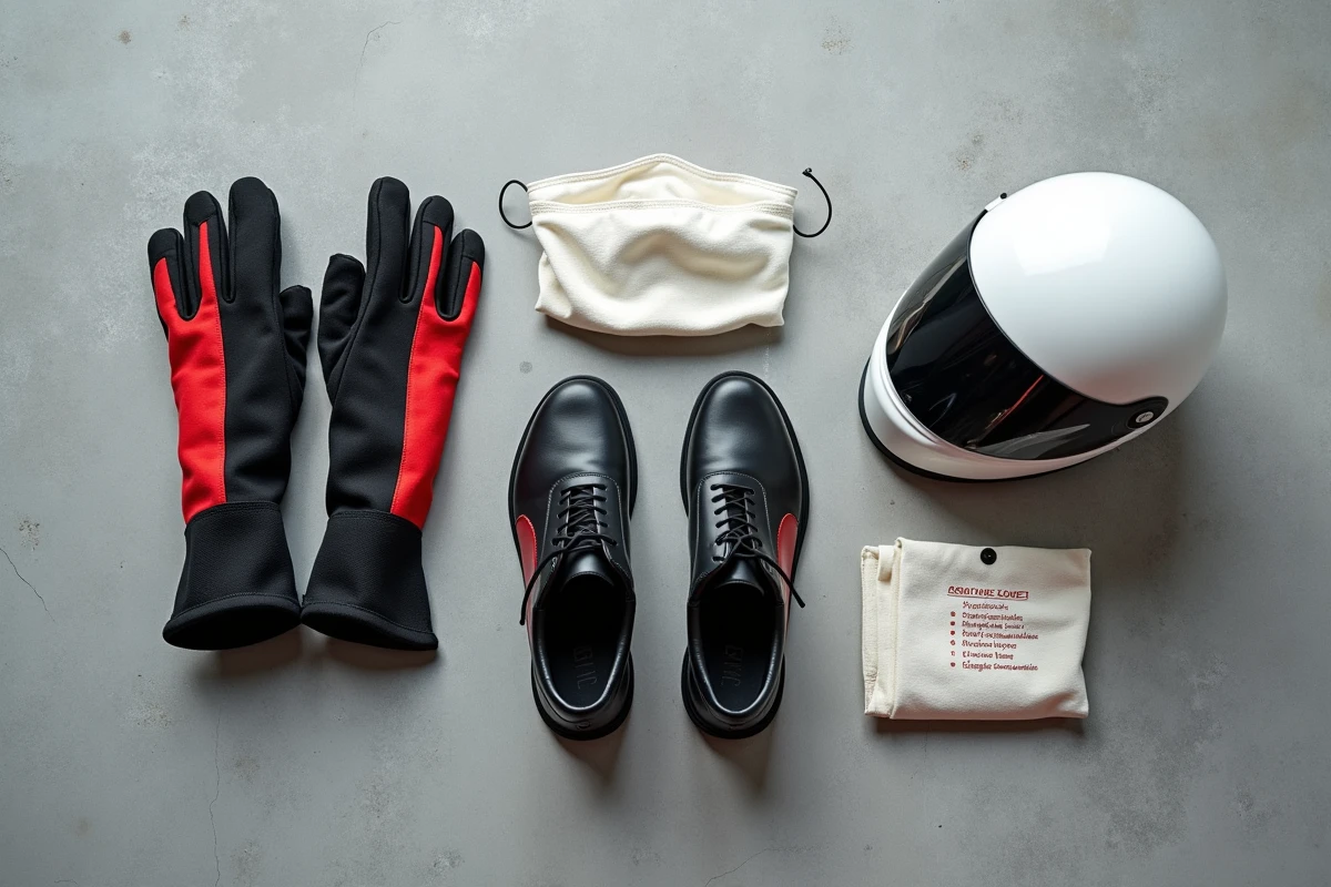 Équipement complet pour un stage de pilotage disposé en flat-lay : gants Nomex, chaussures de conduite, cagoule ignifugée et casque de course blanc mat