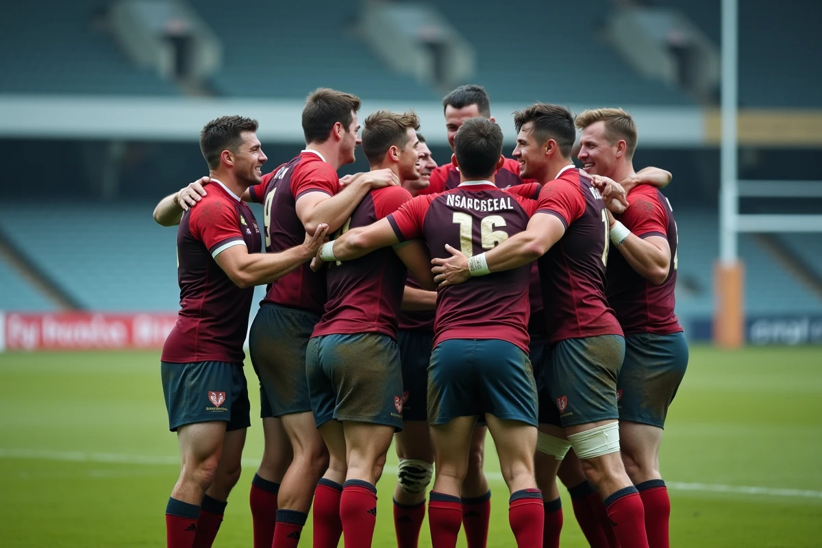 Groupe de joueurs rugby masculins célébrant une victoire