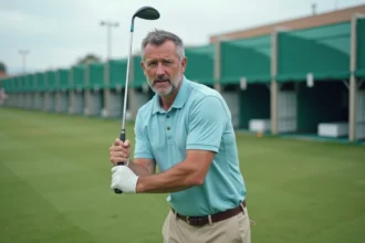 Débutant en golf commettant une erreur de grip sur le practice, tenant son club de manière incorrecte