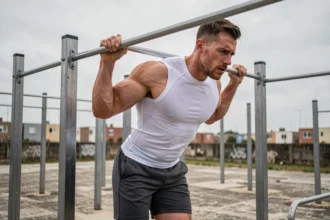 Homme musclé effectuant un muscle-up sur une barre de traction en parc de callisthénie urbain pour la prise de masse