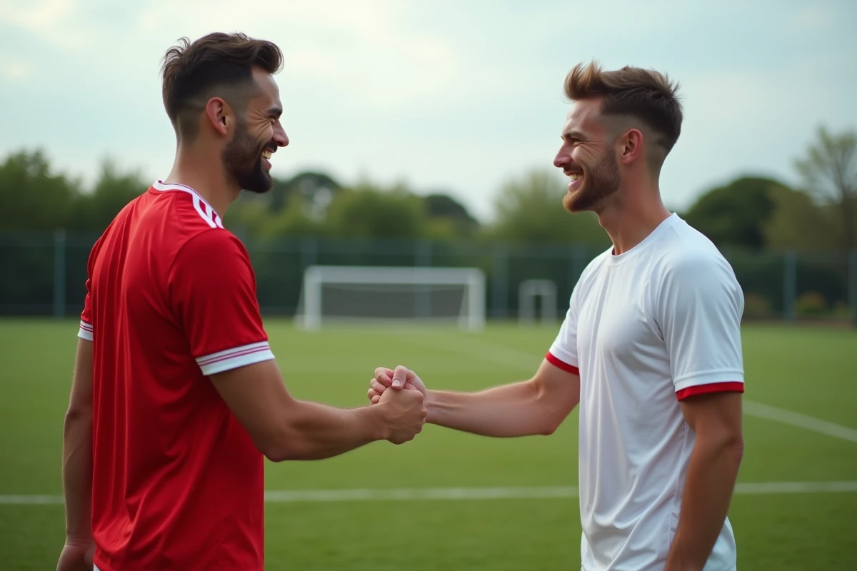 Deux joueurs de football adverses se serrant la main après un match en signe de fair-play et de respect mutuel