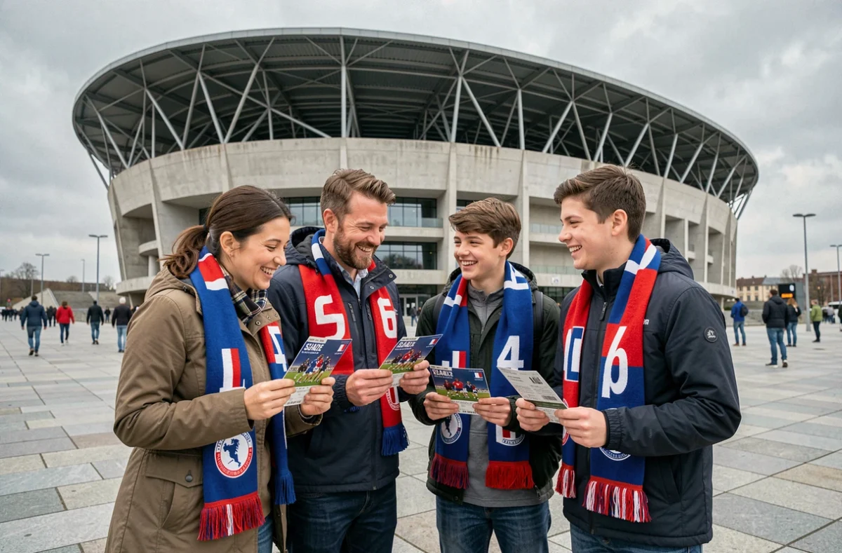 Famille tenant des billets pour le Tournoi des 6 Nations 2026 devant le Stade de France