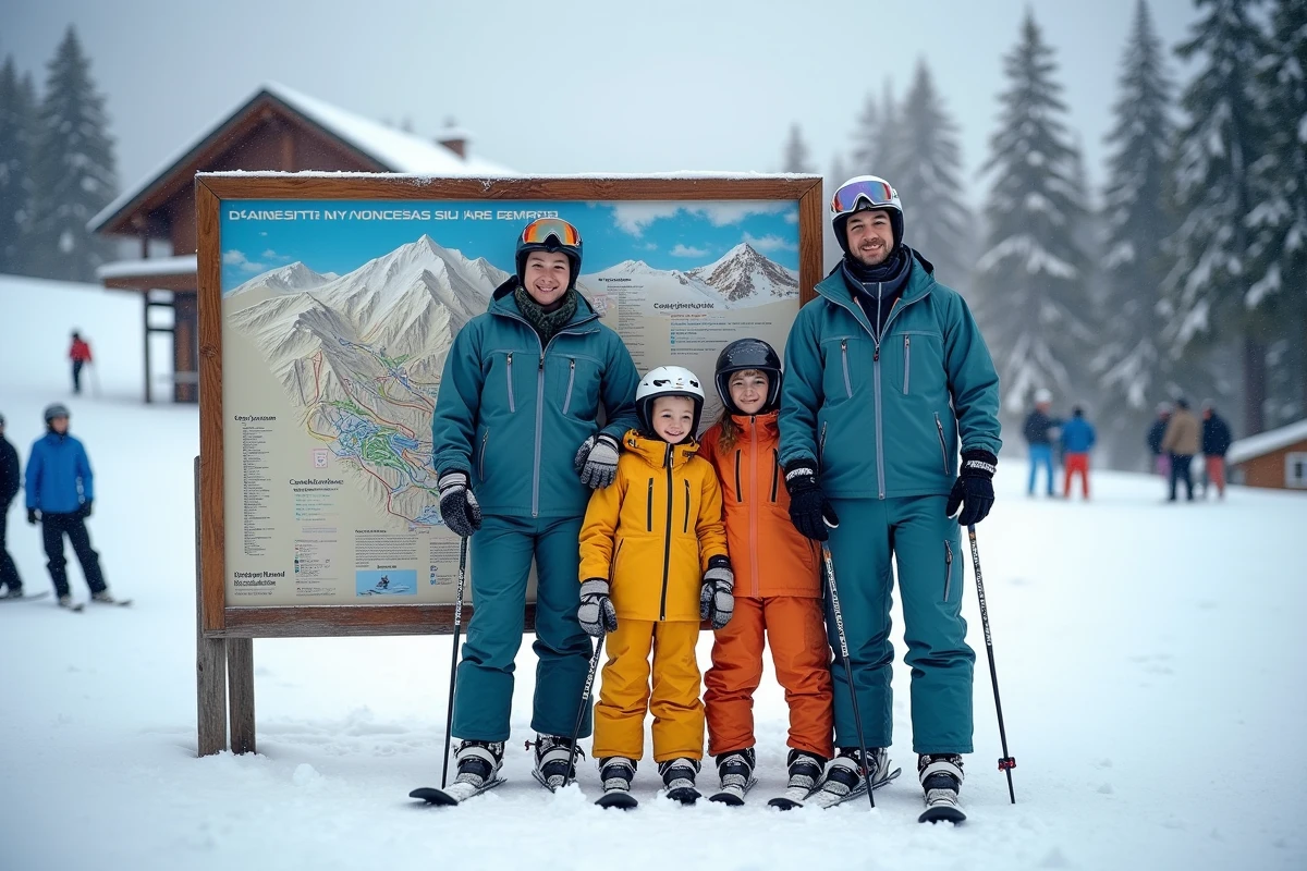Famille en tenue de ski de location devant le plan des pistes de Villard-de-Lans dans le Vercors