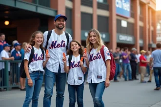 Famille souriante devant Citi Field en maillots Mets