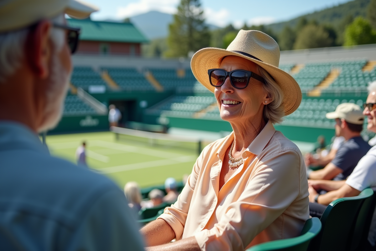 Fan de tennis âgée discutant dans les gradins