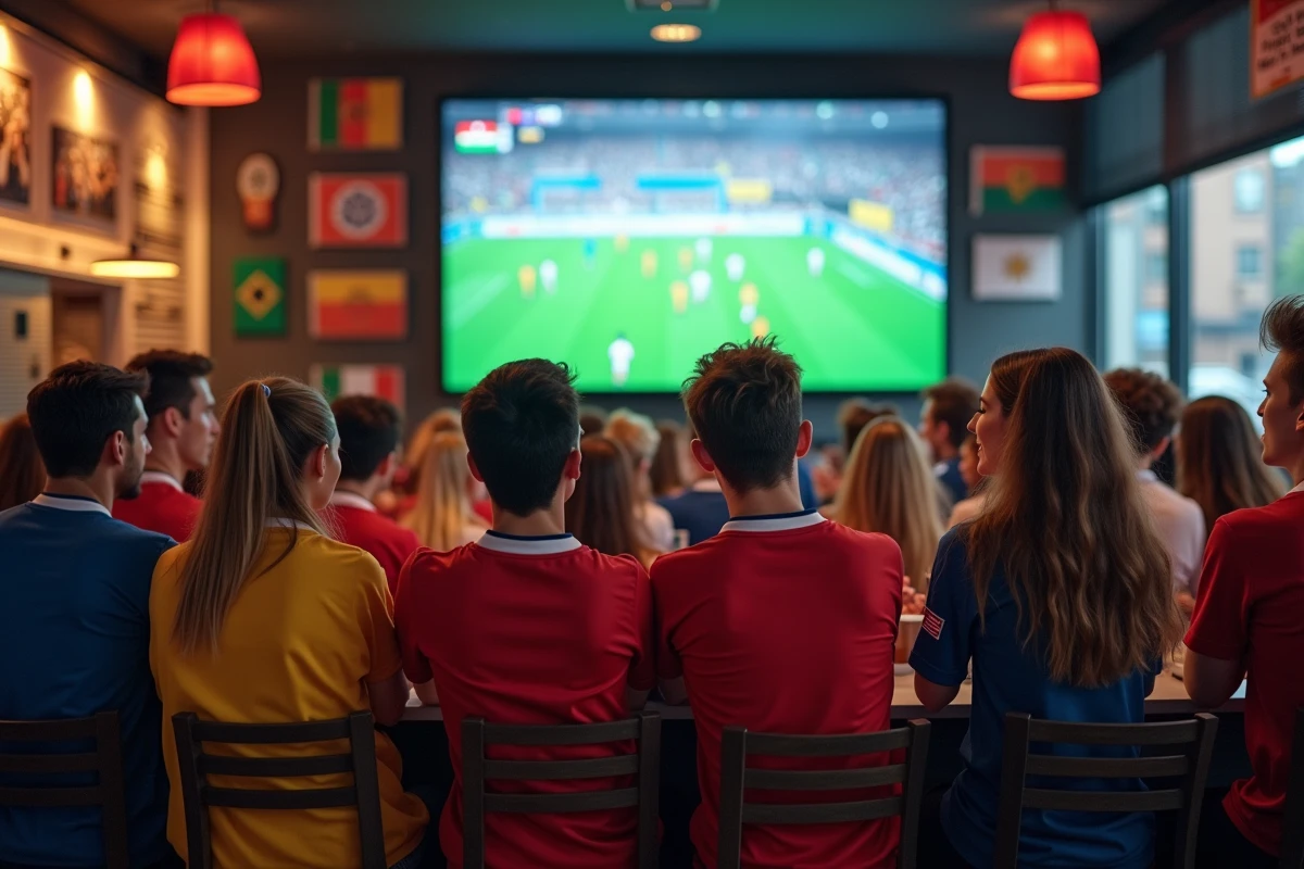 Fans de football regardant un match dans un café urbain