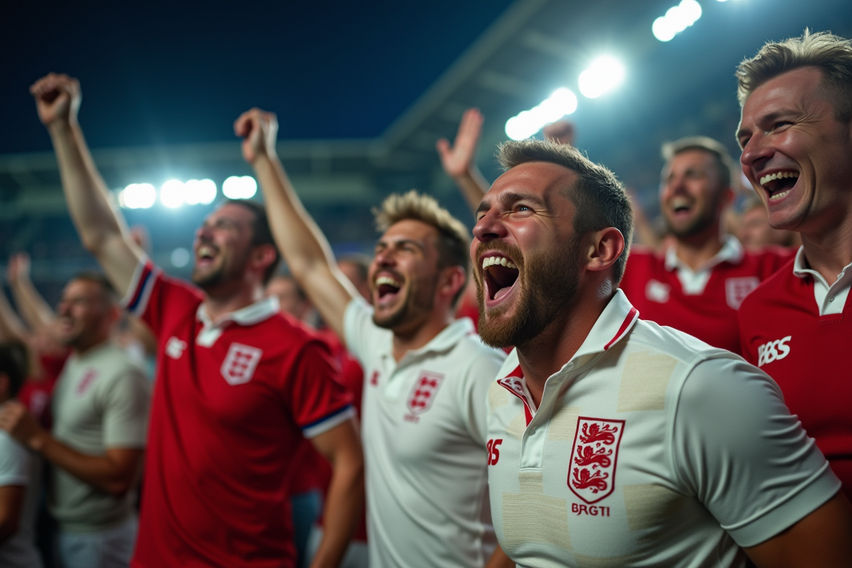 Fans de rugby Angleterre dans un stade extérieur en tenue variée