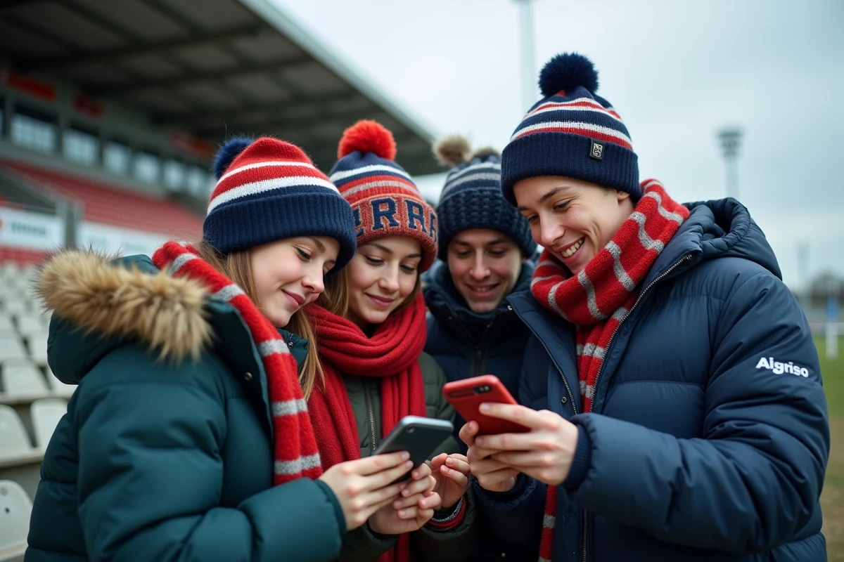 Jeunes supporters de rugby regardant leur smartphone dans les gradins
