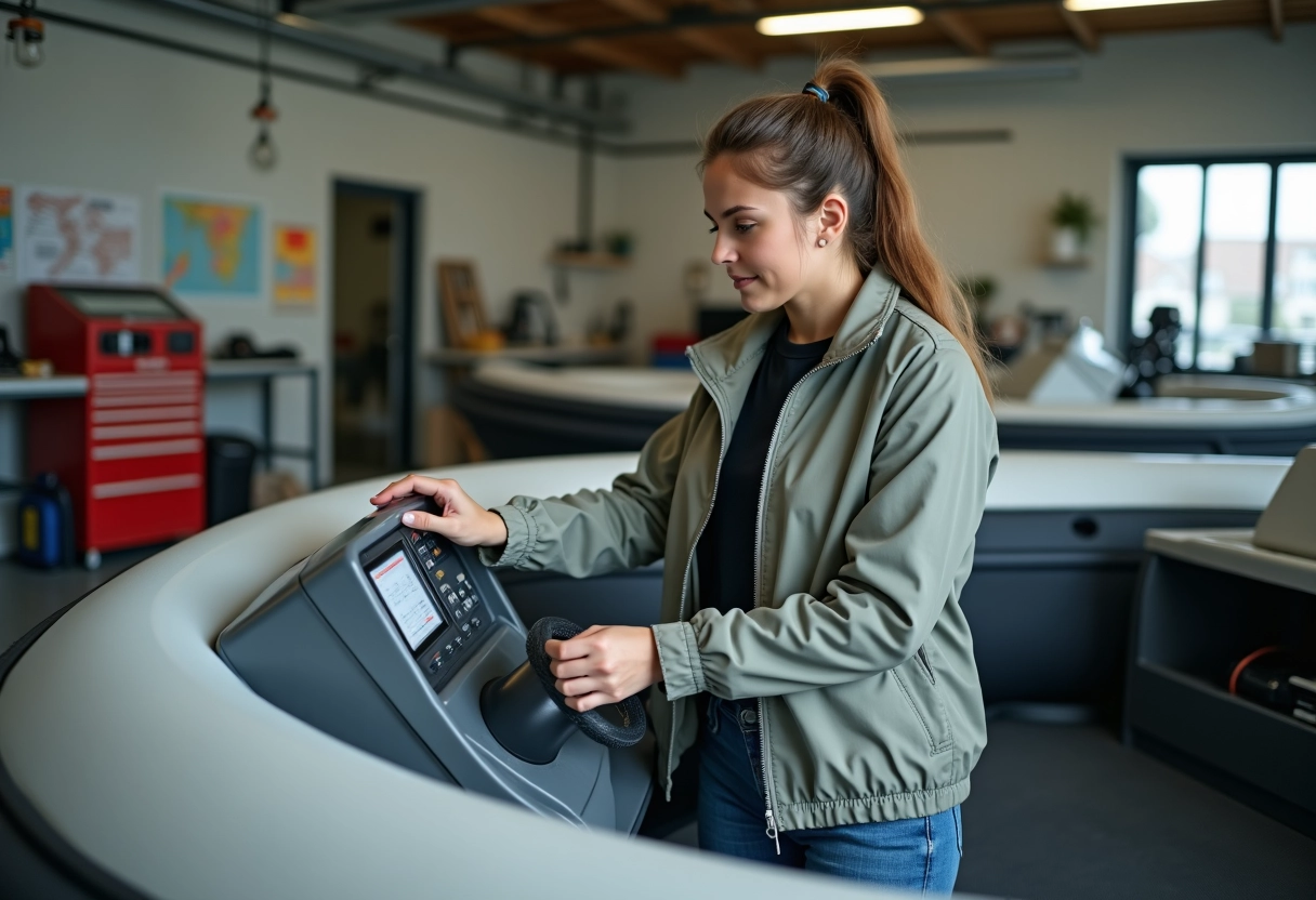 Jeune femme inspectant console d’un bateau en atelier