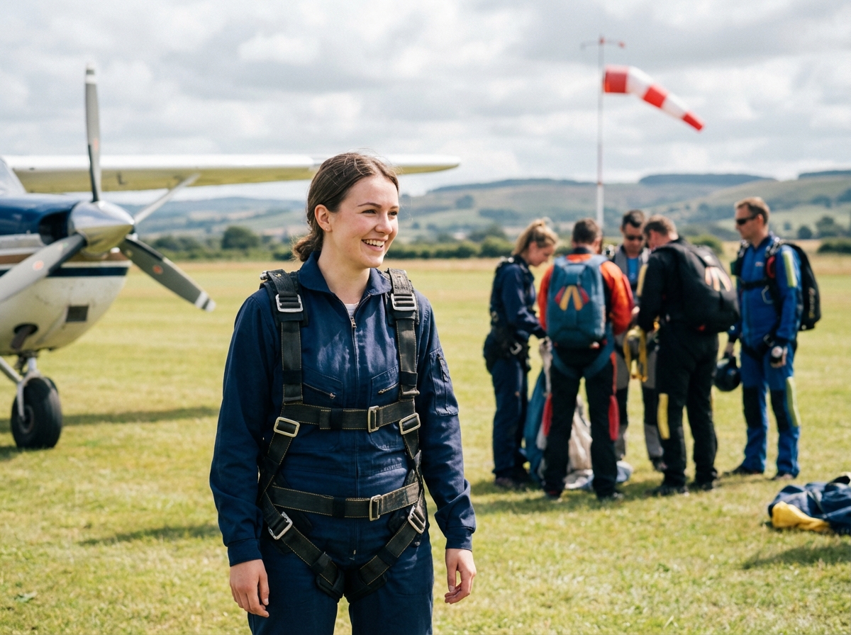 Jeune femme souriante en combinaison bleue près d’un avion