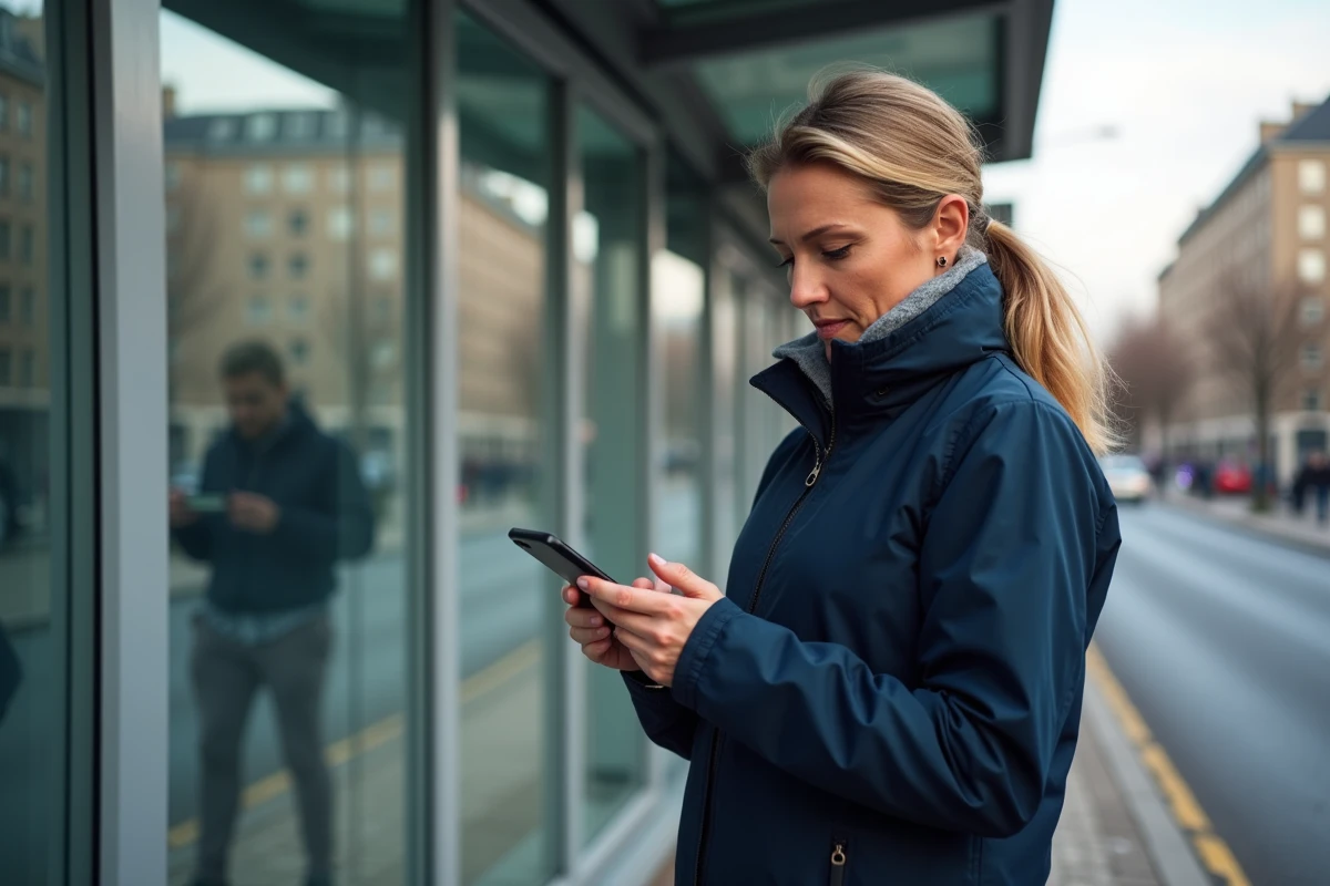 Femme au bus suivant les résultats rugby sur son mobile