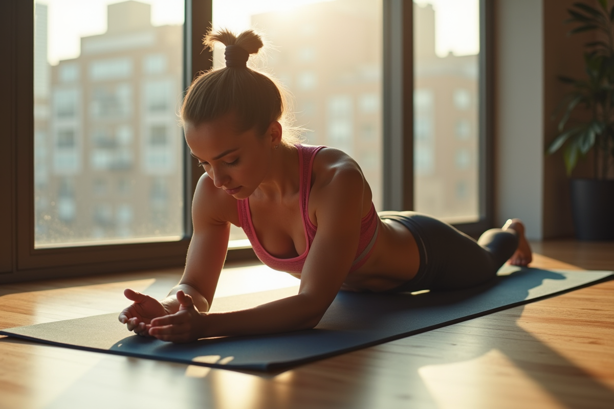 Femme athlétique faisant un exercice de gainage sur un tapis