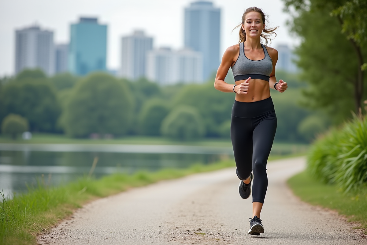 Femme courant au bord du lac avec skyline urbain