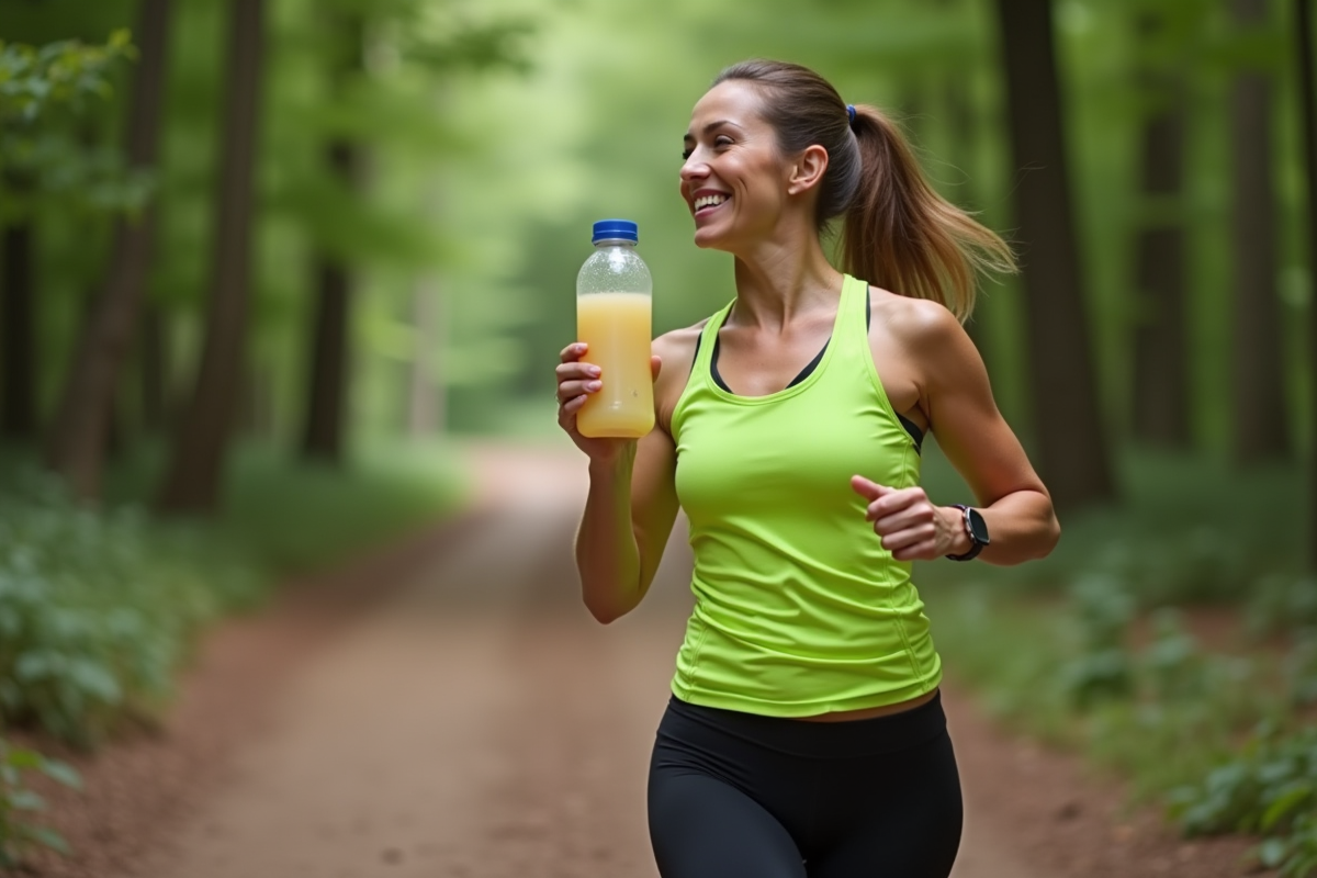 Femme courant en forêt avec bouteille sportive