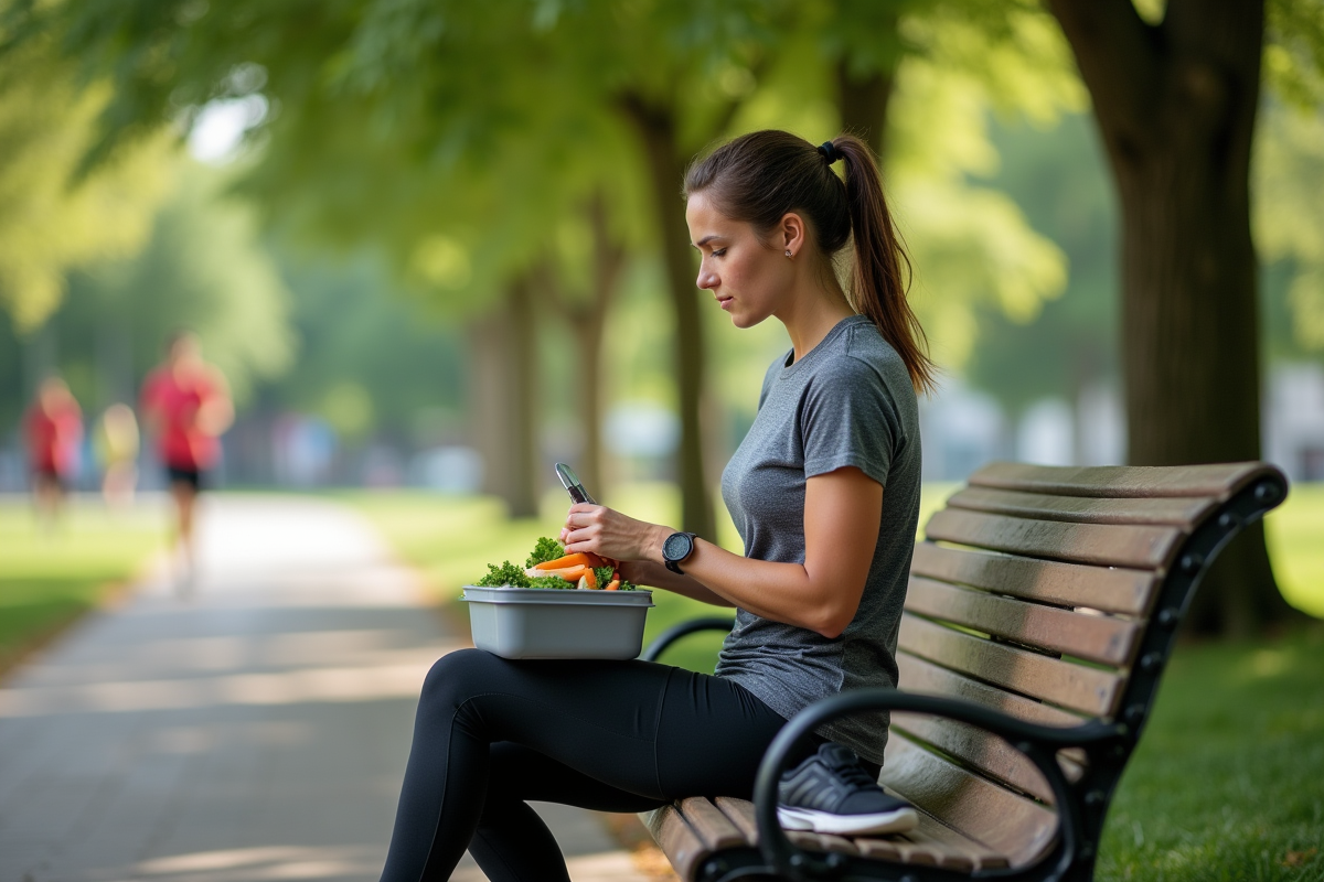 Femme coureuse prenant une pause dans un parc urbain