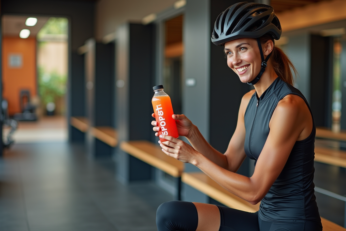 Femme cycliste dans vestiaire après entraînement