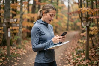 Femme sportive découvrant une nouvelle activité outdoor grâce à une application de planification sportive Sportrip sur son smartphone au bord d'un sentier forestier en automne