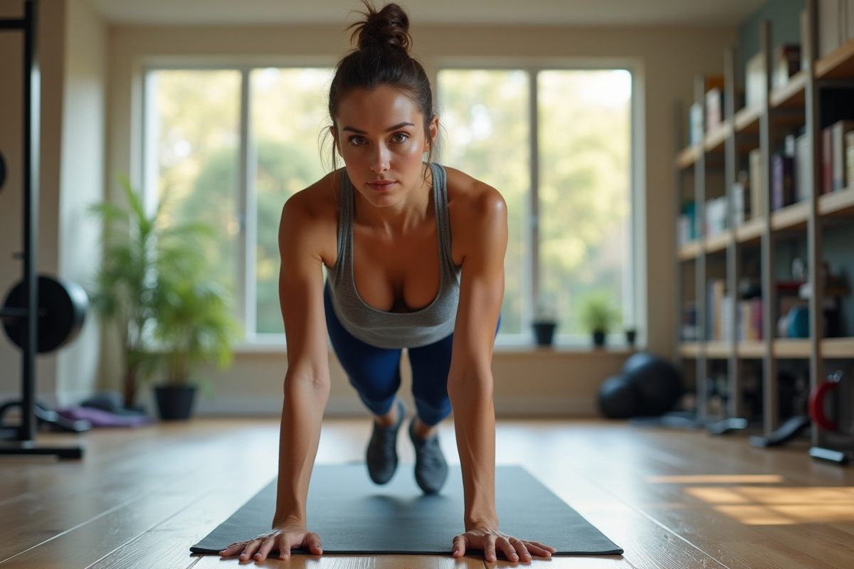Femme en position de planche dans un gymnase moderne