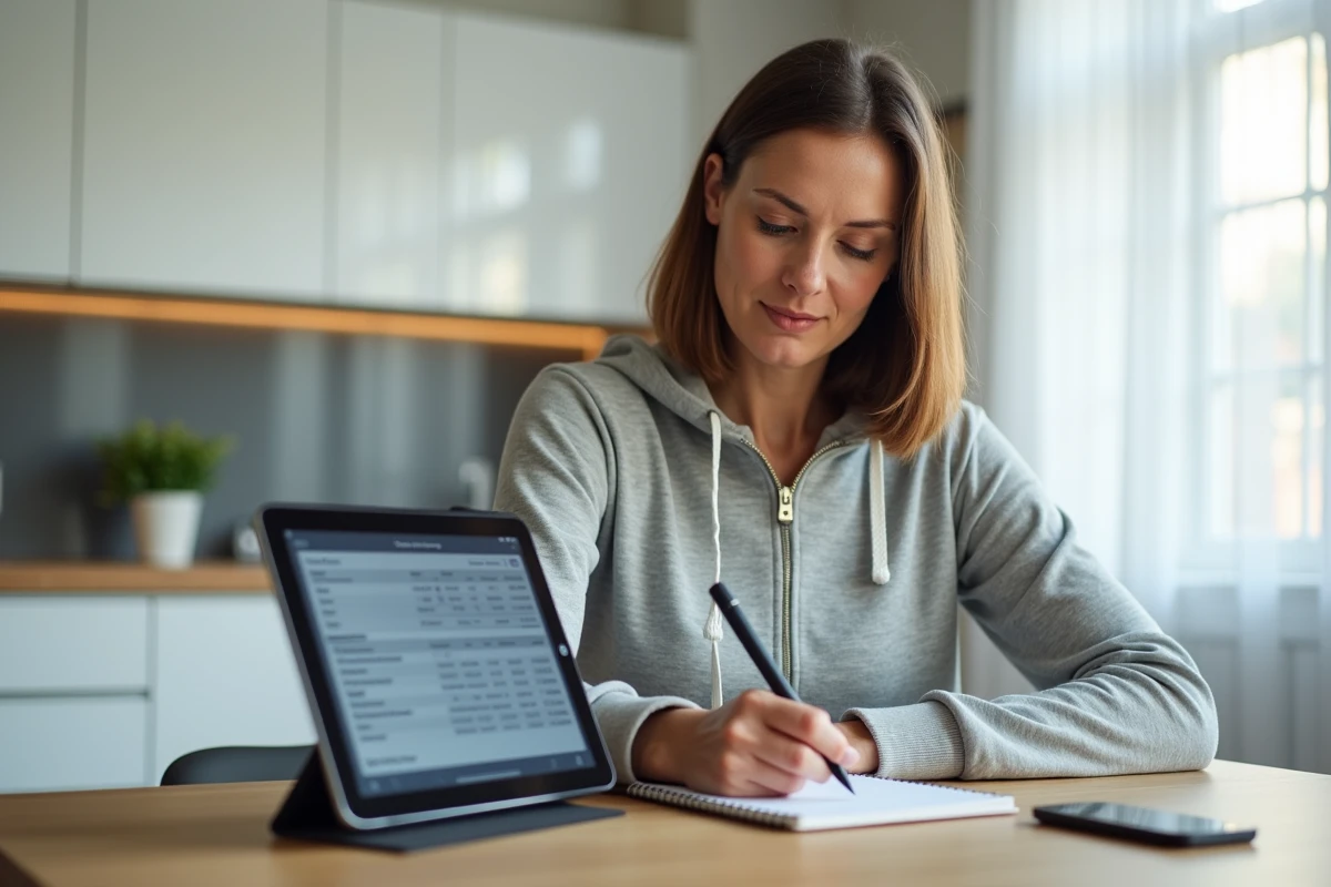 Femme prenant des notes sur les statistiques de courses trotteurs grâce à une application spécialisée sur tablette
