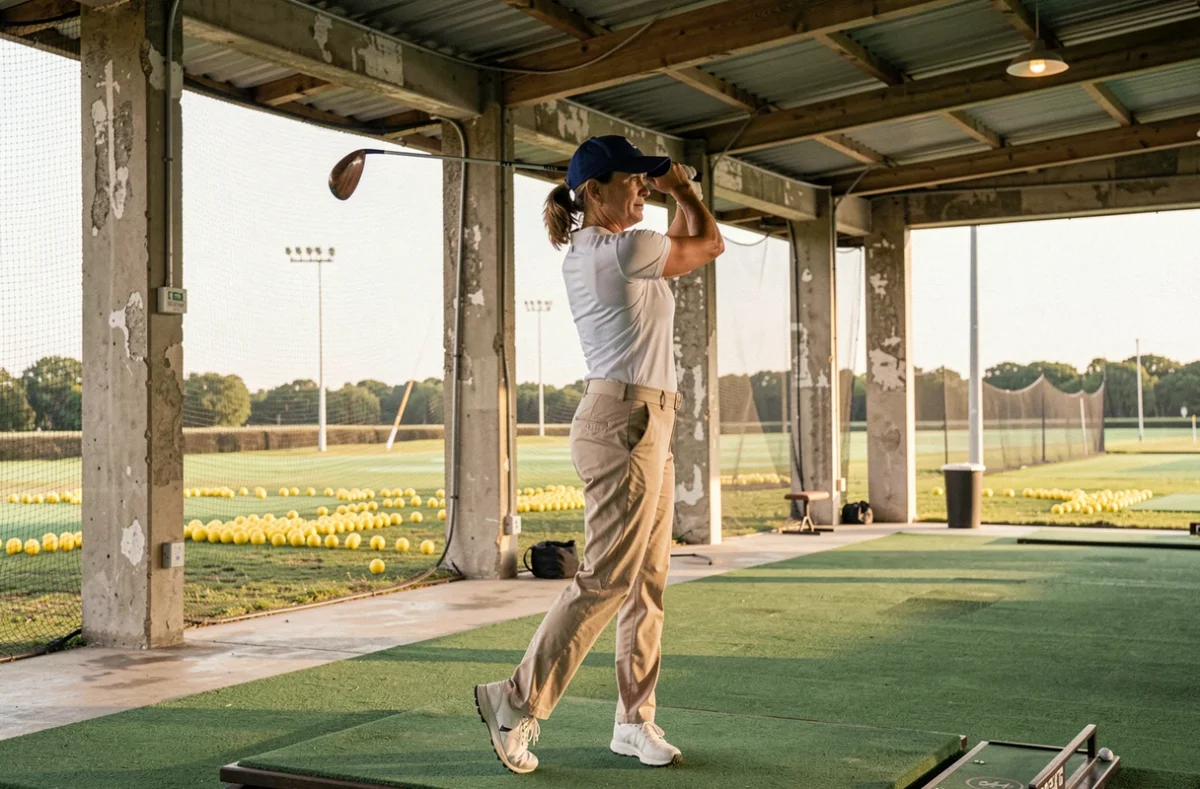 Femme pratiquant son swing au practice de golf sur tapis synthétique, dans le cadre d'une initiation au golf structurée