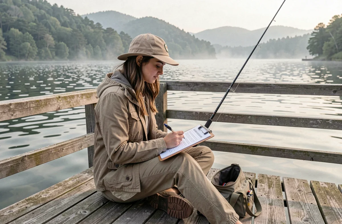 Femme remplissant un formulaire de carte de pêche au bord d'un lac en France