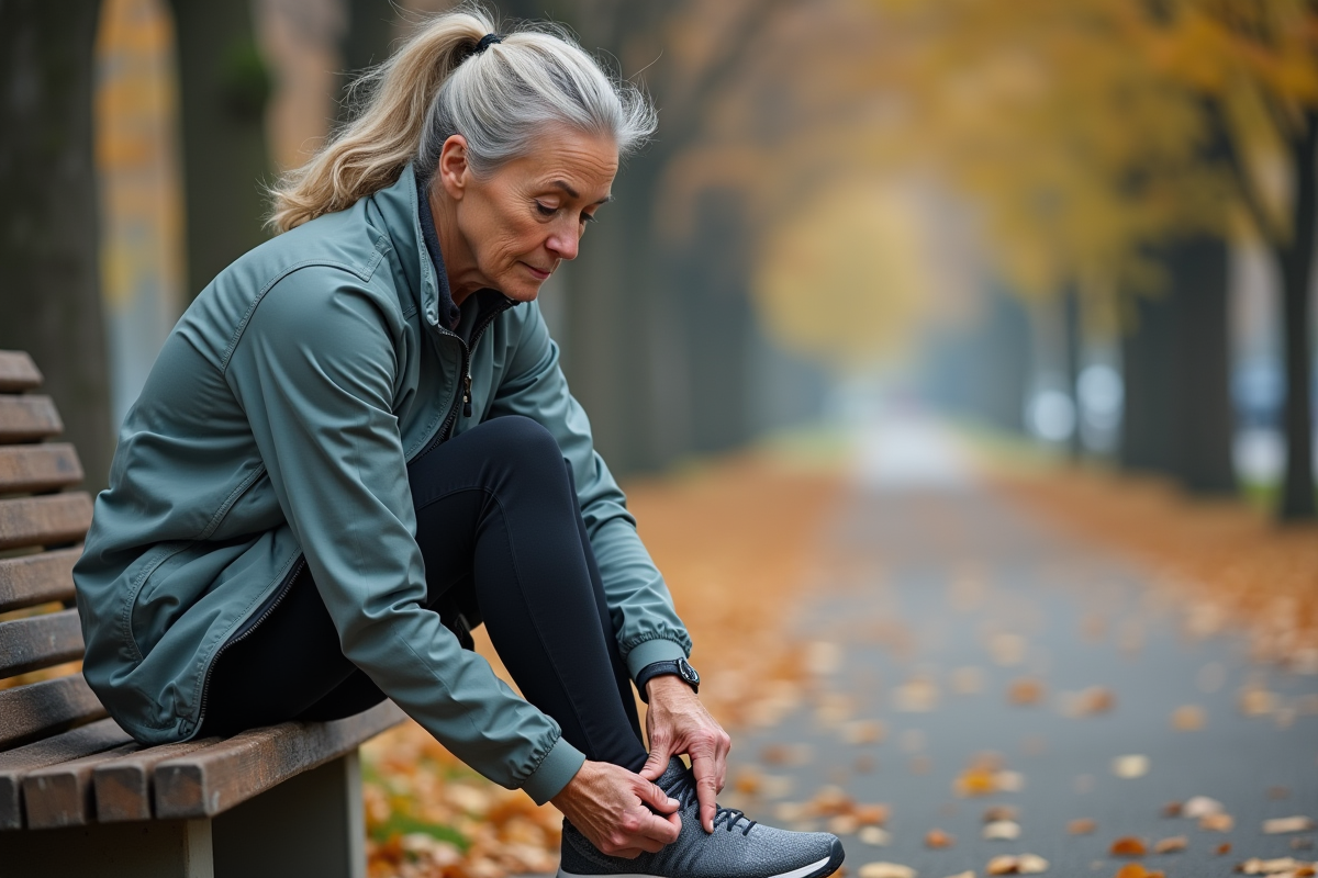 Femme attachant ses chaussures sur un banc de parc