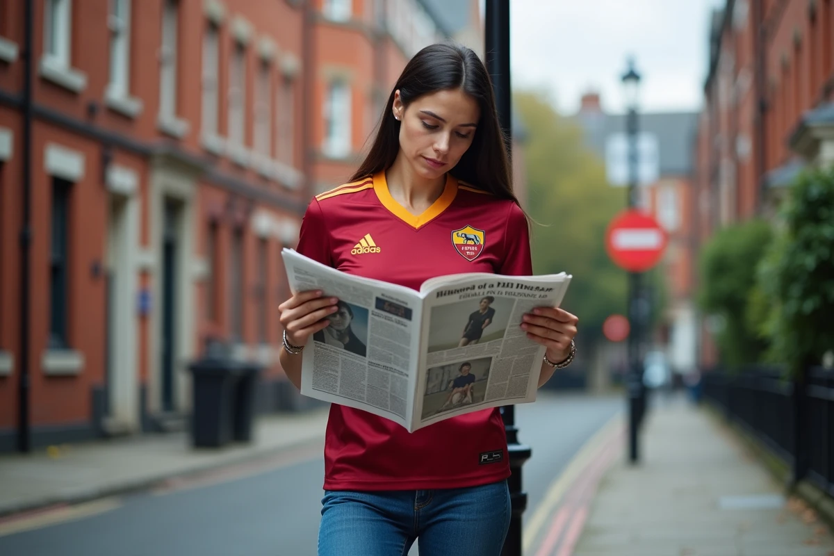 Femme lisant journal de football dans la rue de Londres