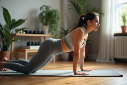 Femme en Pilates en salon cosy avec tapis et plantes
