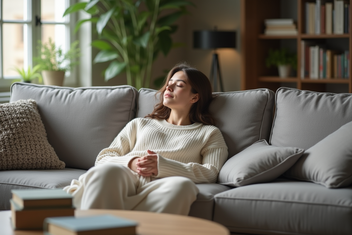 Jeune femme reposant dans un salon lumineux et moderne