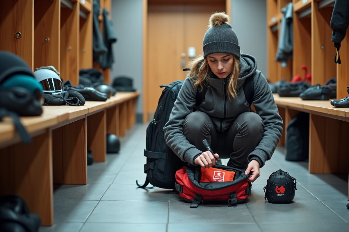 Jeune femme vérifiant kit de premiers secours dans un vestiaire