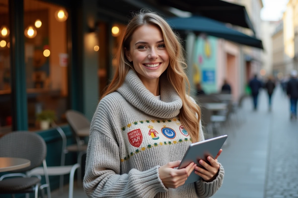 Femme souriante tenant une tablette avec logos football
