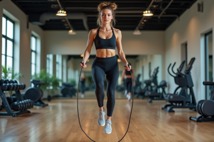 Femme sportive sautant à la corde dans une salle de sport