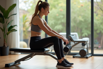 Femme sportive utilisant un masseur de jambes dans un gym moderne