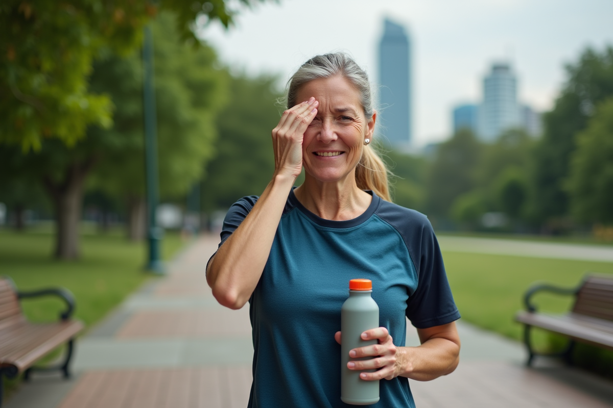 Femme après course dans un parc buvant une boisson électrolytique