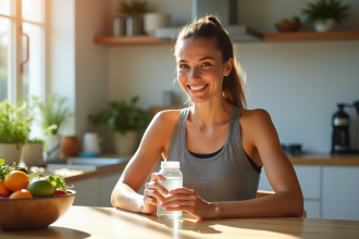 Jeune femme souriante en tenue de sport avec fruits et vitamines