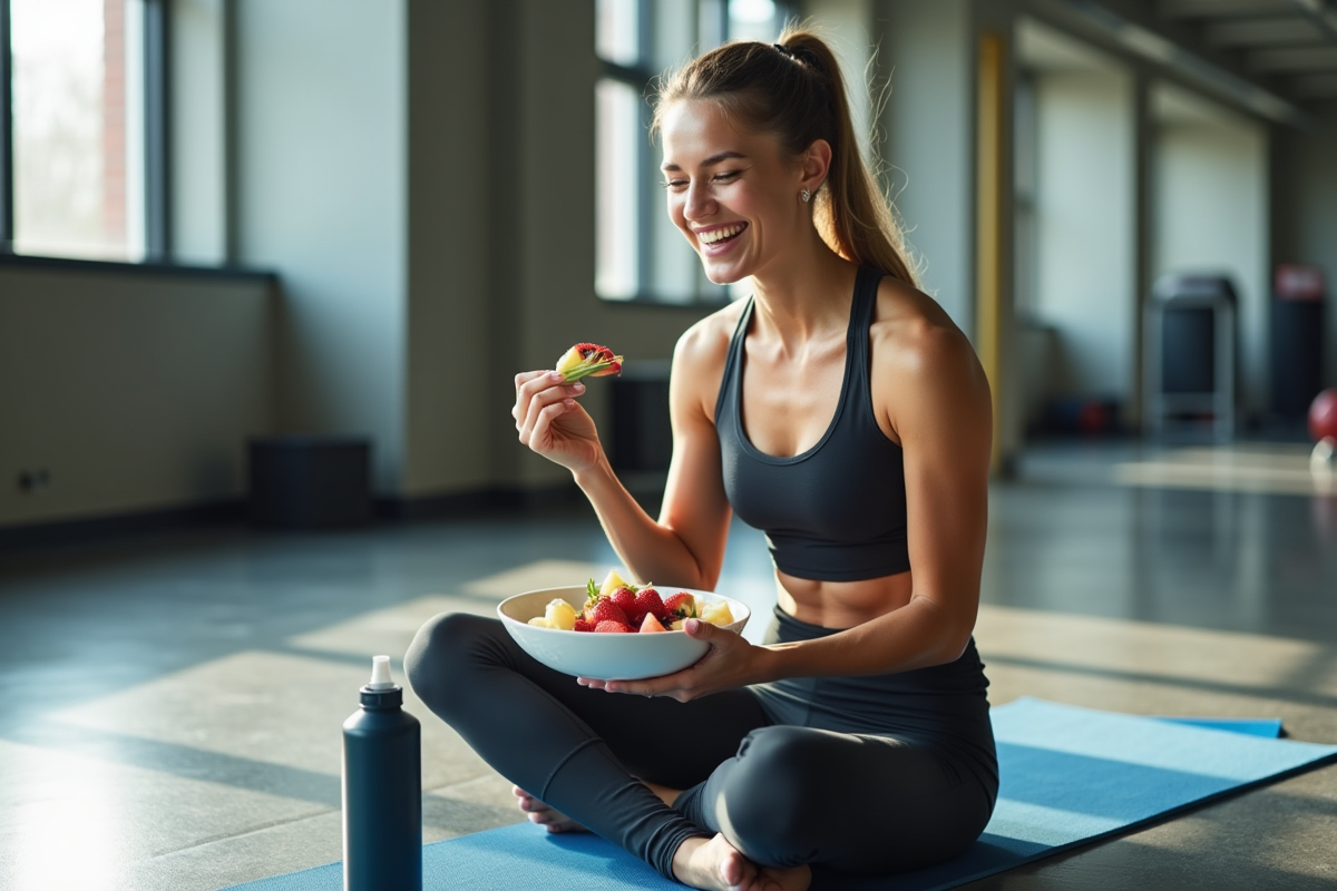 Jeune femme sportive mangeant un bol de fruits et yaourt dans une salle de sport