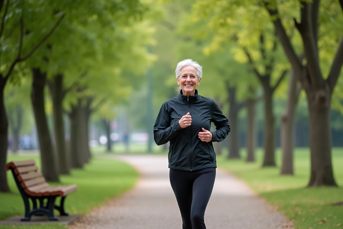 Femme senior en jogging dans un parc verdoyant