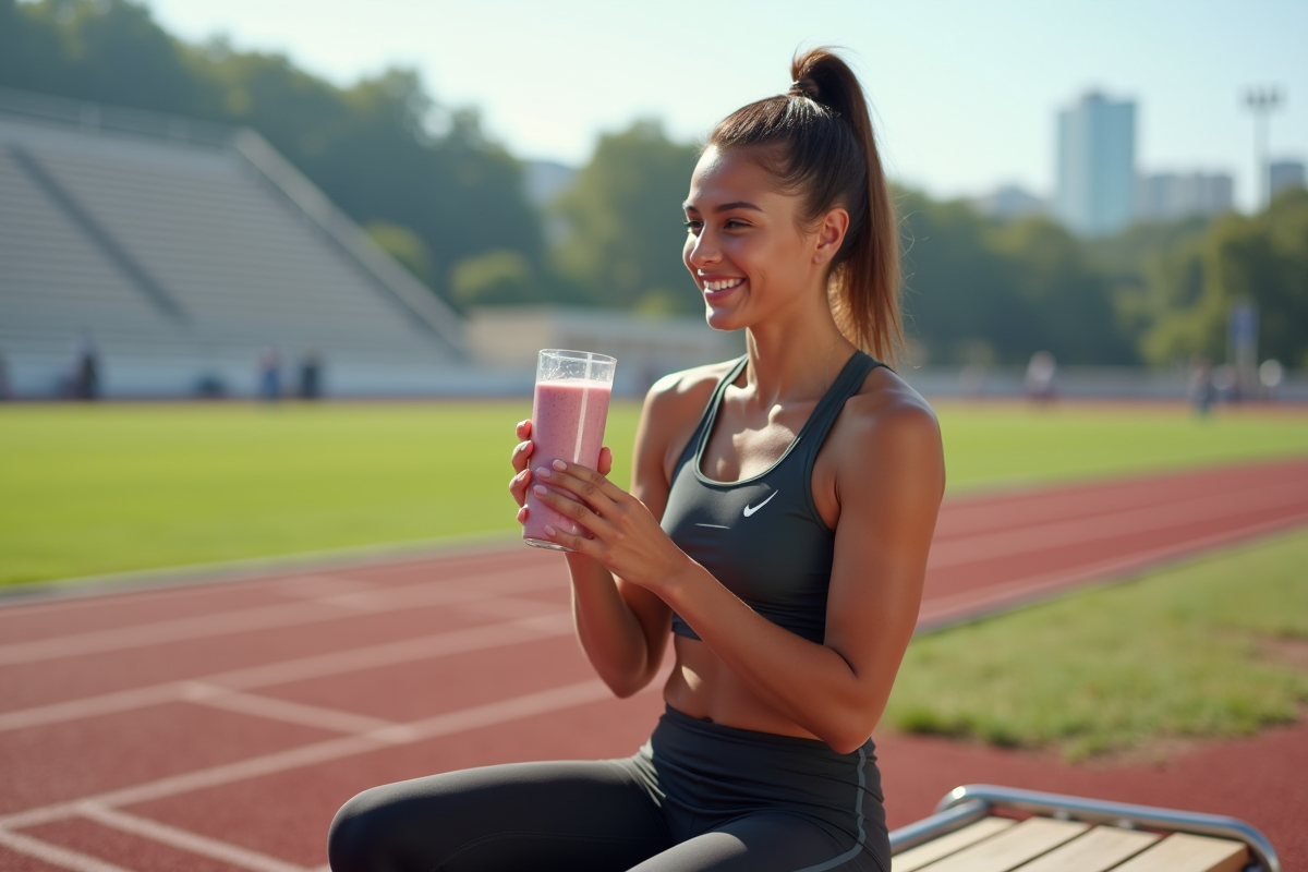 Sprinteuse souriante avec smoothie sur piste d