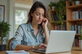 Femme concentrée travaillant sur son ordinateur à la maison