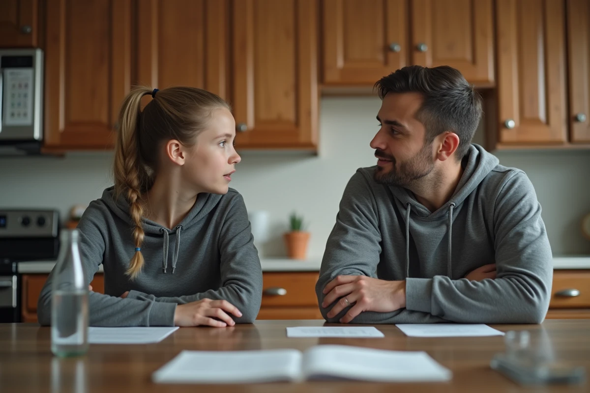 Fille parlant avec son père à la cuisine lors d