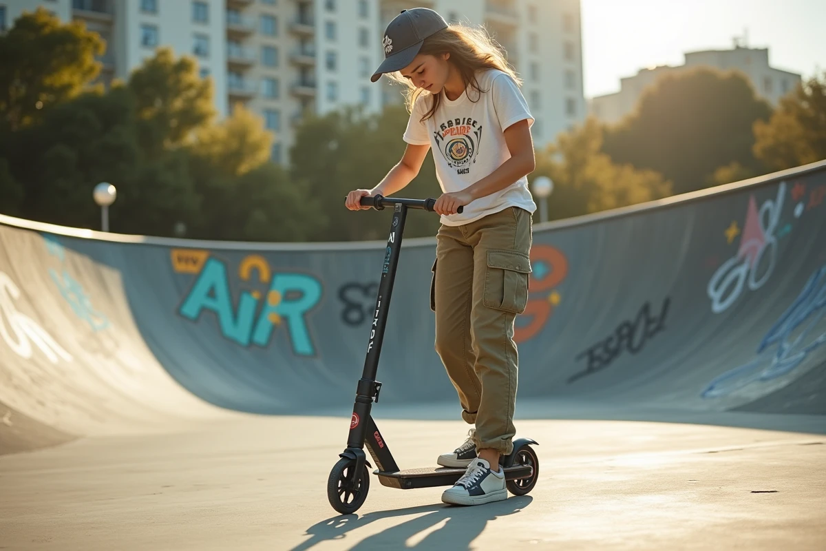 Fille adolescente vérifiant son scooter au skatepark