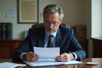 Officiel sérieux en costume examinant des documents officiels